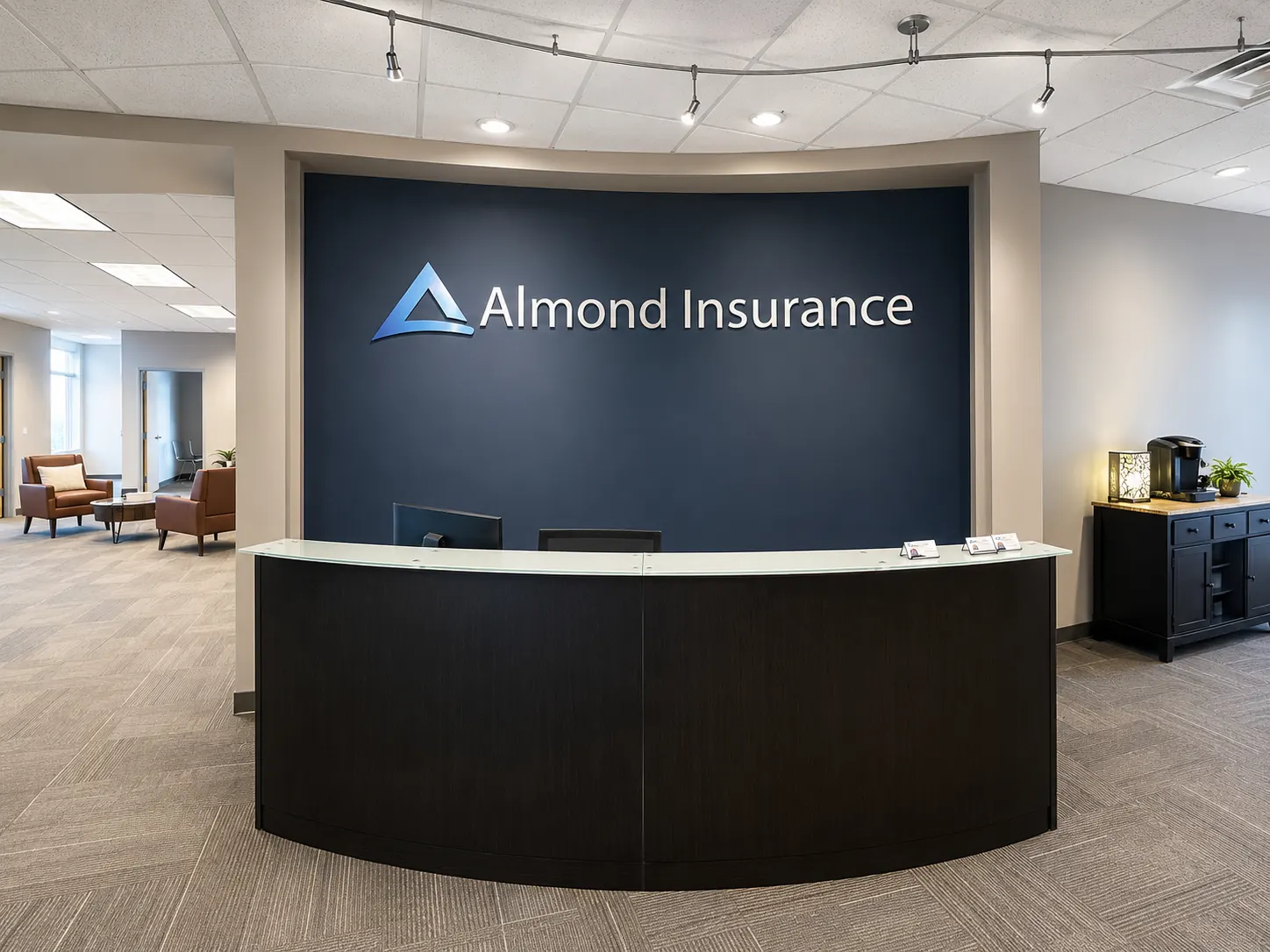 Almond Insurance office reception in Rockford, where Elgin clients meet us in person